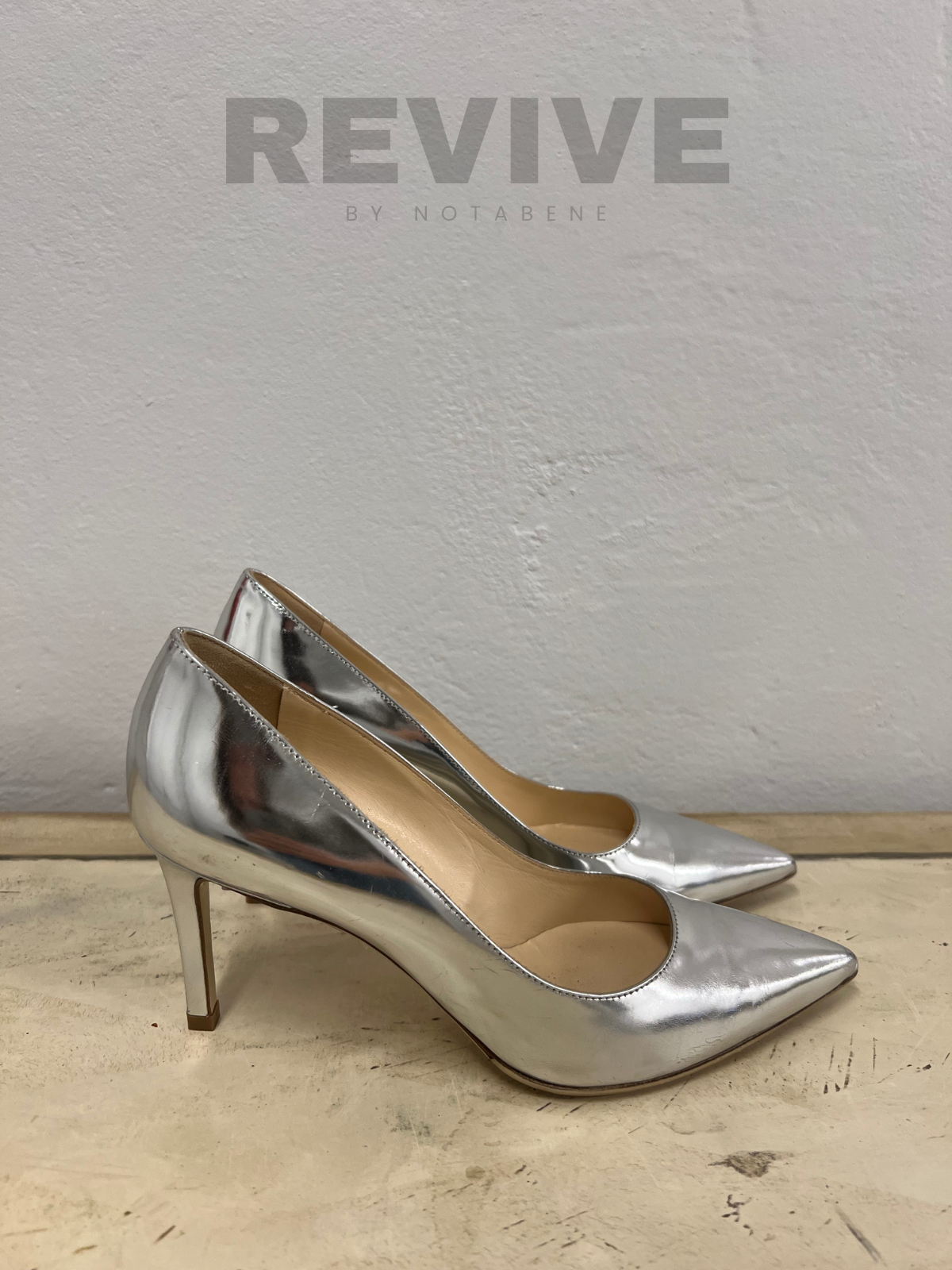 Silver pumps, 75 mm, size 38