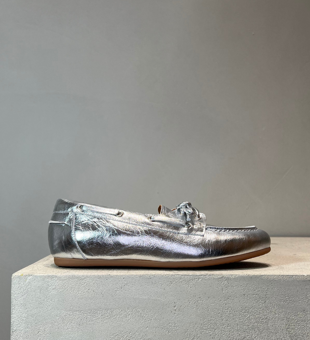 Sample, boat shoe, sølv læder, str. 37