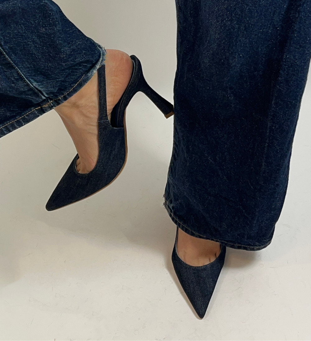 Emilia 90 slingback stilettos, denim