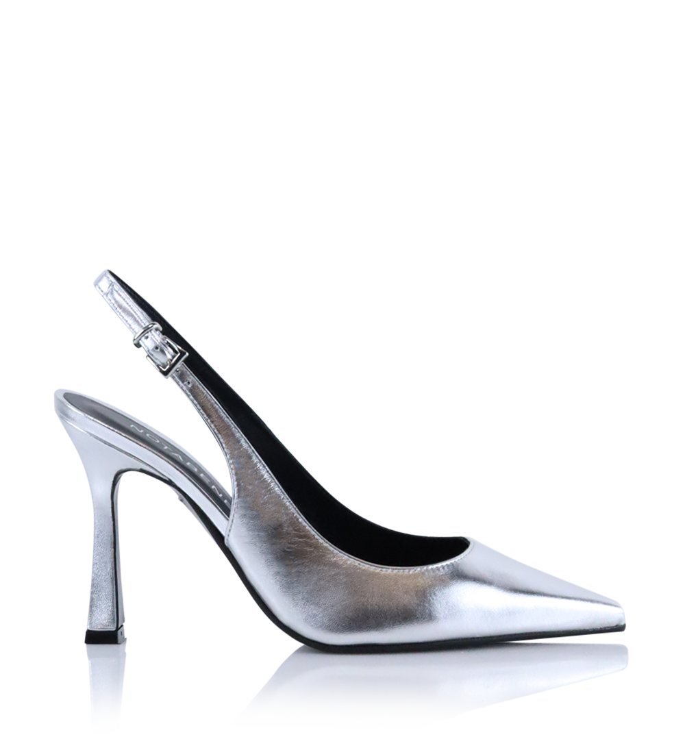 Emilia 90 slingback stilettos, silver leather