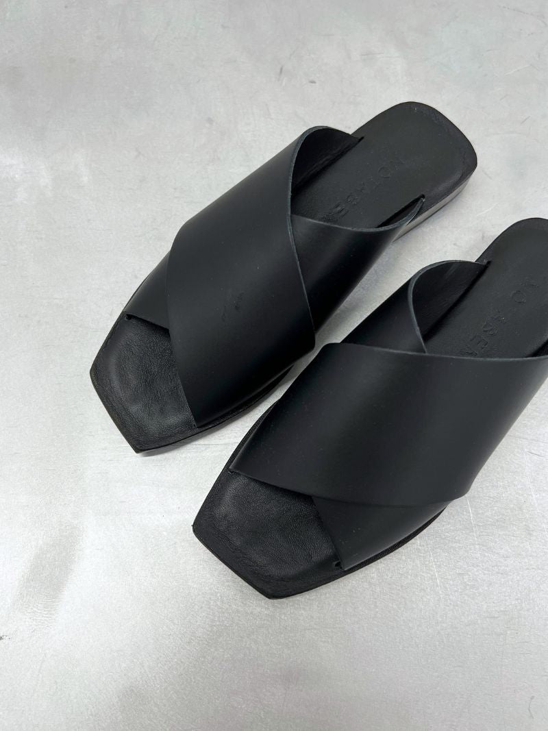 Black leather sandals, size 36