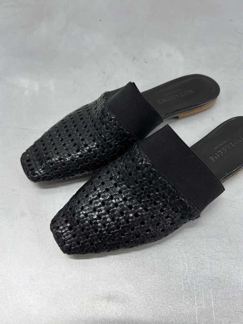  Black braided leather mules with elastic, size 39