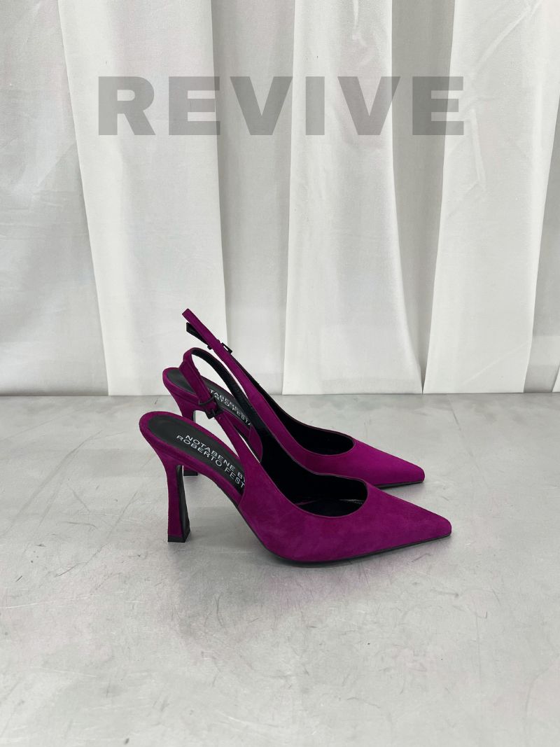 Purple slingback stilettos with a pointed toe