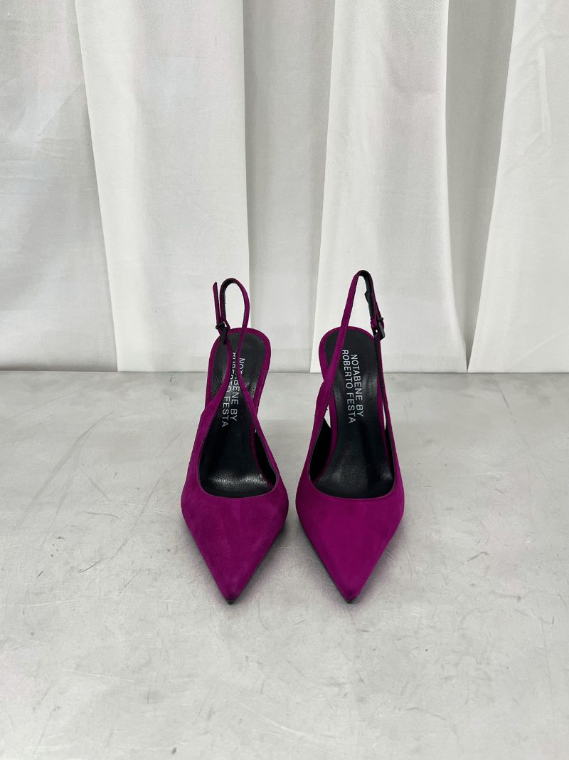 Purple slingback stilettos with a pointed toe