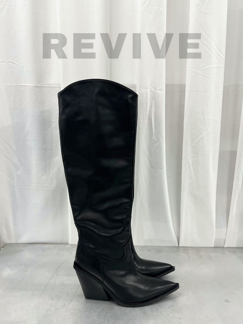 Knee-high boots with pointed toe and western-inspired details, size 40