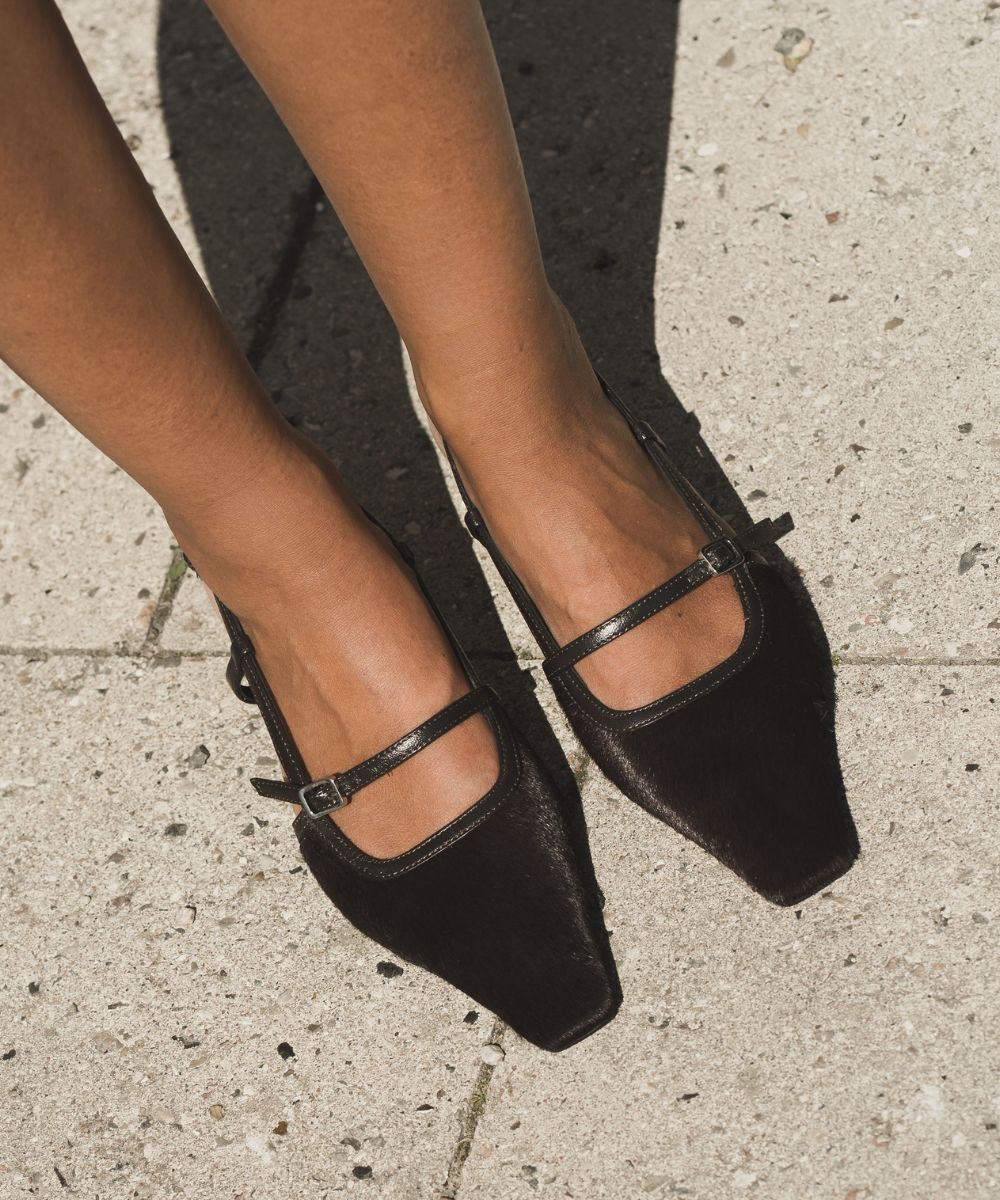 Elenne 35 slingback stilettos, dark brown cow fur